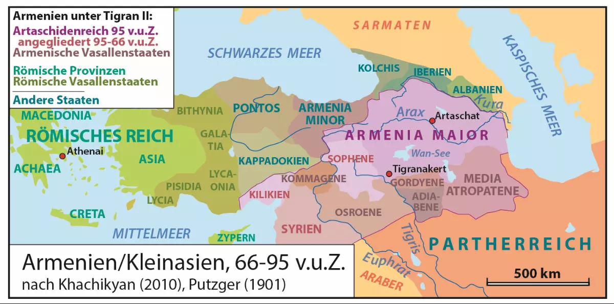 Armenien zum Zeitpunkt seiner größten staatlichen Ausdehnung im 1. vorchristlichen Jahrhundert | Karte: © Winfried K. Dallmann