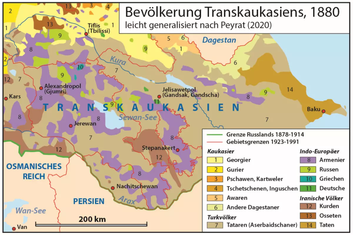 Bevölkerung Transkaukasiens 1880, leicht generalisiert nach Peyrat (2020) | Karte: © Winfried K. Dallmann
