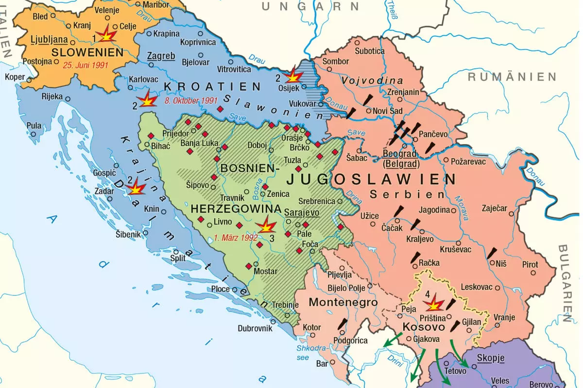 Karte der Jugoslawienkriege 1991-1999. BpB, Lizenz: cc by-nc-nd/3.0/de/ (mr-kartographie)
