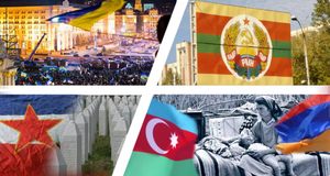 Kriege und Konflikte. Collage LpB BW (Euromaidain in Kiew. Wikipedia, Evgeny Feldman, CC BY-SA 3.0 | Flag of Transnistrian Republic, Foto: Marisha, Wikipedia, CC BY-SA 3.0 | Grabsteine an der Völkermord-Gedenkstätte bei Srebrenica. Foto: Maurits90, Wikipedia, gemeinfrei | Aserbaidschanische Flüchtlinge aus den von einheimischen Armeniern eingenommenen Gebieten. Foto: Oleg Litvin, Wikipedia, CC BY-SA 3.0)