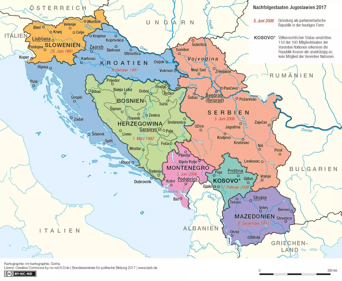 Karte der Nachfolgestaaten in Jugoslawien 2017. BpB, cc by-nc-nd/3.0/de/ (mr-kartographie)