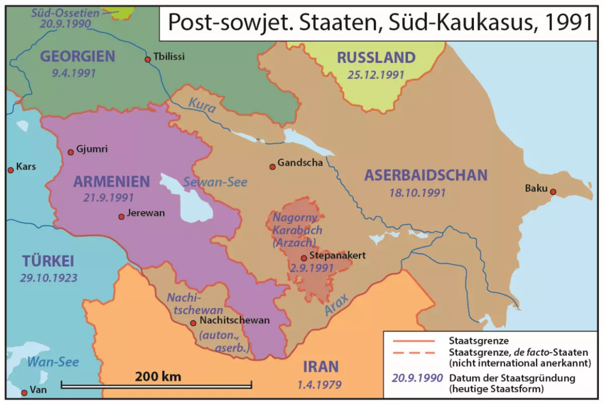 Postsowjetische Staaten, Süd-Kaukasus, 1991. Quelle: Zugehörige Textinformation | Karte: © Winfried K. Dallmann