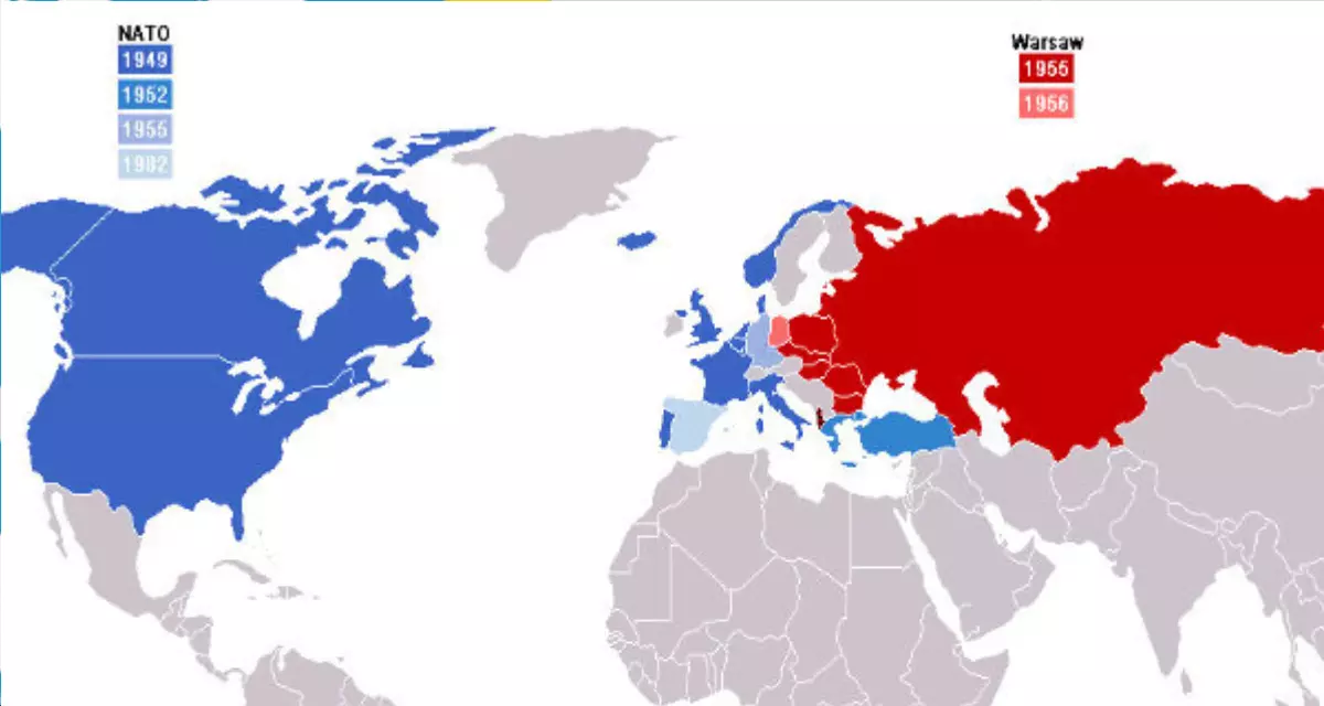 NATO vs Warsaw (1949-1990). Karte: Guinnog, Wikimedia, CC BY-SA 3.0 