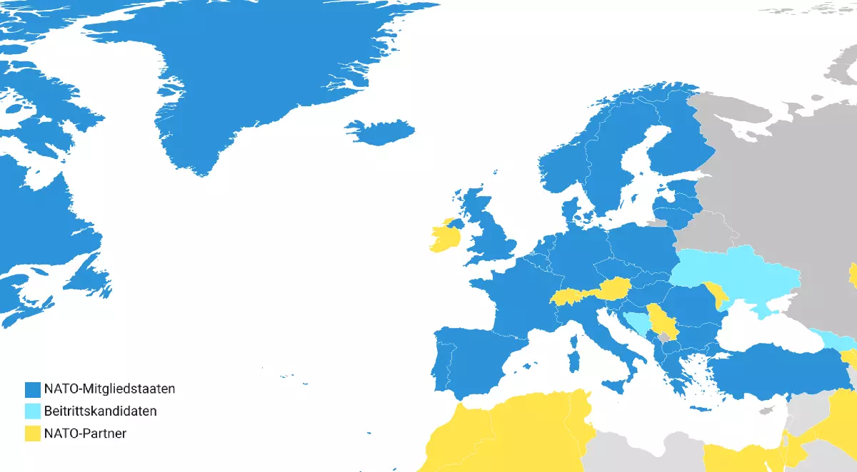 Die NATO und ihre Nachbarstaaten. Derzeit (Stand: Juli 2024) umfasst das Bündnis 32 Mitgliedstaaten | Erstellt mit Datawrapper © LpB BW