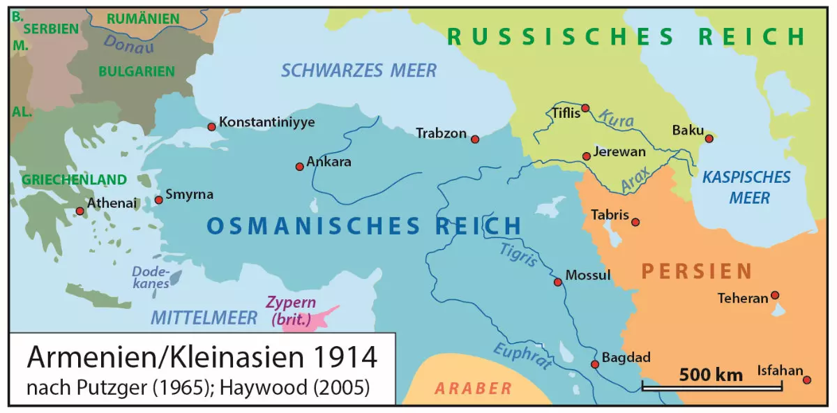 Armenien/Kleinasien 1914. Die Karte zeigt die Deportationsrouten. | Nach Putzger (1965); Haywood (2005) | Karte: © Winfried K. Dallmann