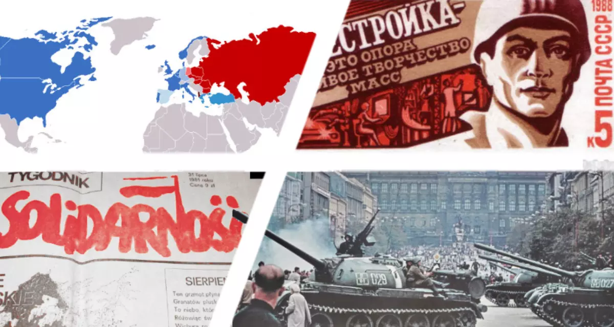 Revolutionen und Umbrüche. Collage LpB BW (Kalter Krieg: NATO vs Warsaw (1949-1990). Karte: Guinnog, Wikimedia, CC BY-SA 3.0 | Perestroika: USSR stamp, Propaganda for Perestroika, 1988. Abbildung: Wikimedia, public domain | Tygodnik Solidarnosc 1981. Foto: Wikipedia, public domain, Wenzelsplatz in Prag 1968. Foto: FaceMePLS, flickr, CC BY 2.0 )
