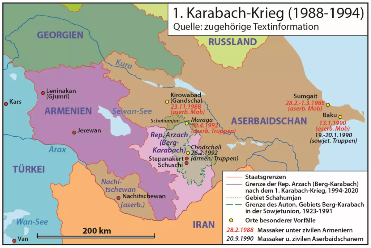 1. Karabach-Krieg 1988 - 1994. Quelle: Zugehörige Textinformation | Karte: © Winfried K. Dallmann