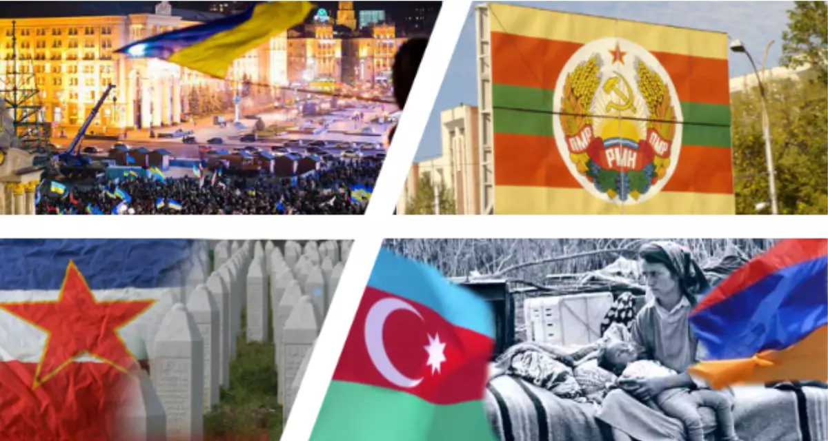 Kriege und Konflikte. Collage LpB BW (Euromaidain in Kiew. Wikipedia, Evgeny Feldman, CC BY-SA 3.0 | Flag of Transnistrian Republic, Foto: Marisha, Wikipedia, CC BY-SA 3.0 | Grabsteine an der Völkermord-Gedenkstätte bei Srebrenica. Foto: Maurits90, Wikipedia, gemeinfrei | Aserbaidschanische Flüchtlinge aus den von einheimischen Armeniern eingenommenen Gebieten. Foto: Oleg Litvin, Wikipedia, CC BY-SA 3.0)
