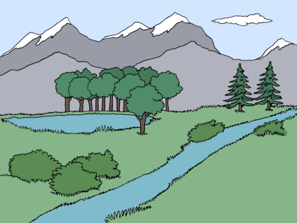 Grafik: Landschaft mit Fluss und Bergen.