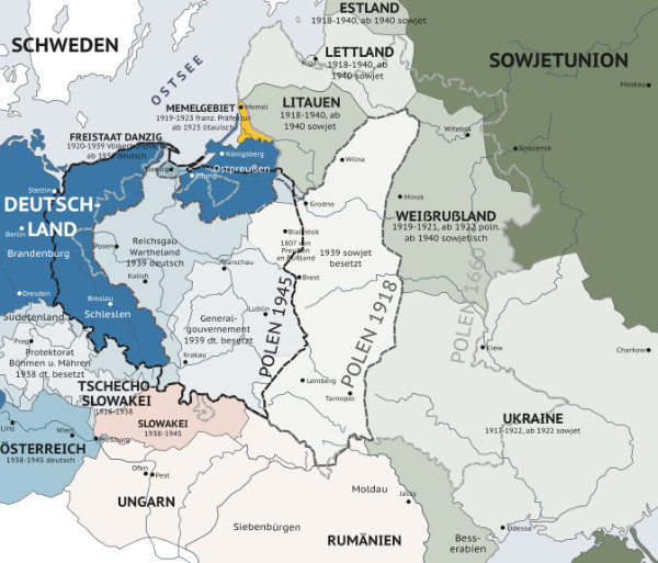 Polen nach dem Versailler Vertrag, vierte polnischen Teilung 1939. Sansculotte, Wikipedia, CC BY-SA 2.0 DE