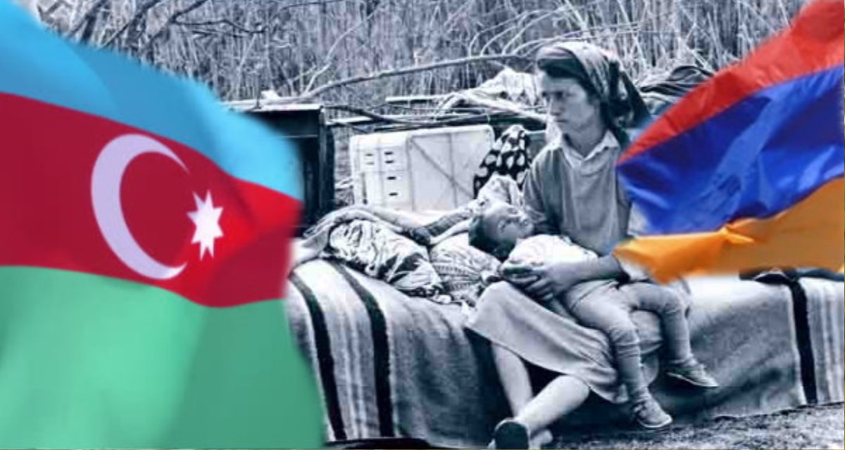Aserbaidschanische Flüchtlinge aus den von einheimischen Armeniern eingenommenen Gebieten. Foto: Oleg Litvin, Wikipedia, CC BY-SA 3.0 / Collage LpB BW 