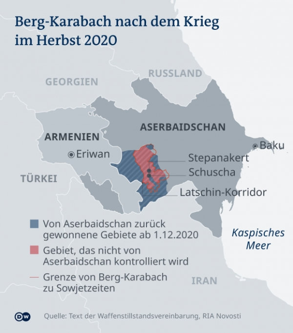 Berg-Karabach nach dem Krieg im Herbst 2020. (© DW 2020; Die Karte wurde mit freundlicher Unterstützung von der Deutschen Welle zur Verfügung gestellt.)