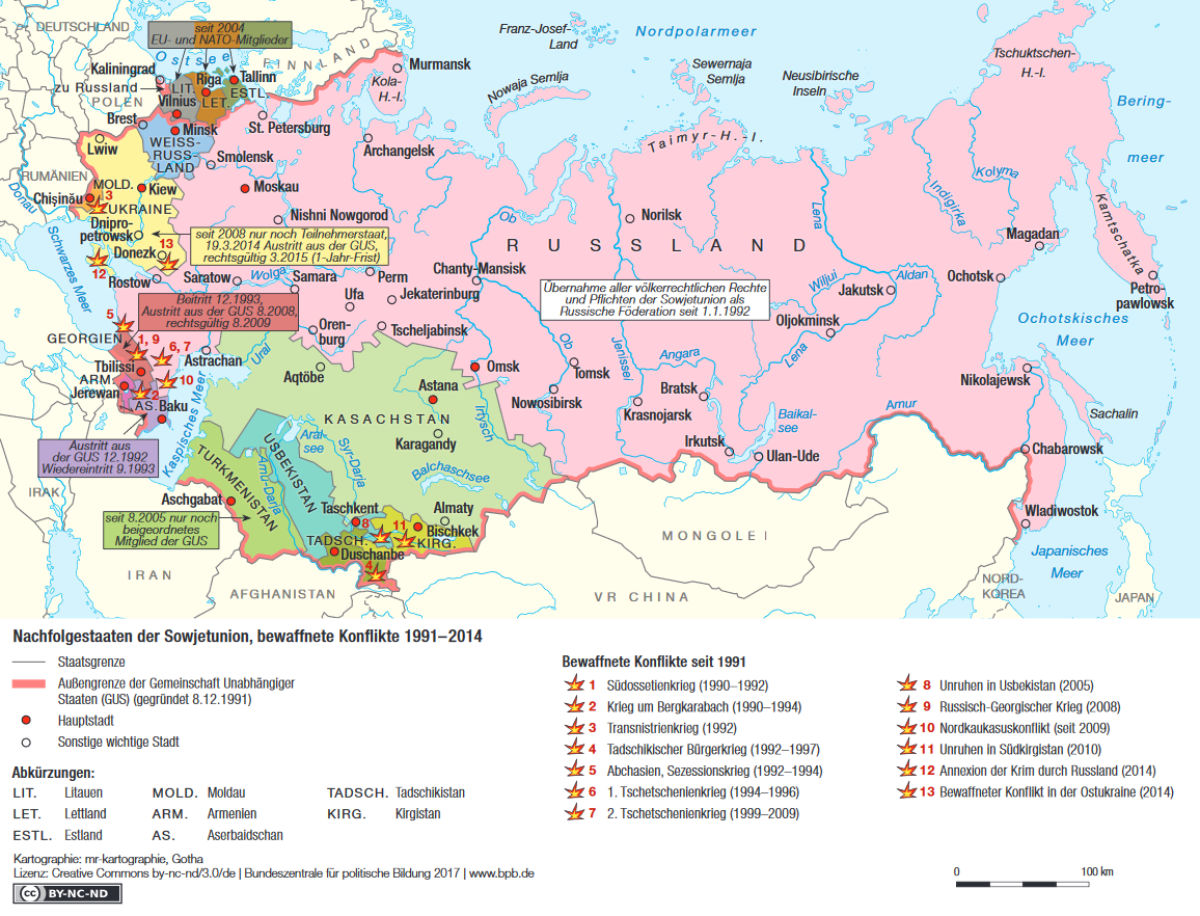 Nachfolgestaaten der Sowjetunion, bewaffnete Konflikte 1991-2014. Lizenz: by-nc-nd/3.0/de mr-kartographie, GothaLizenz, Bpb 2017