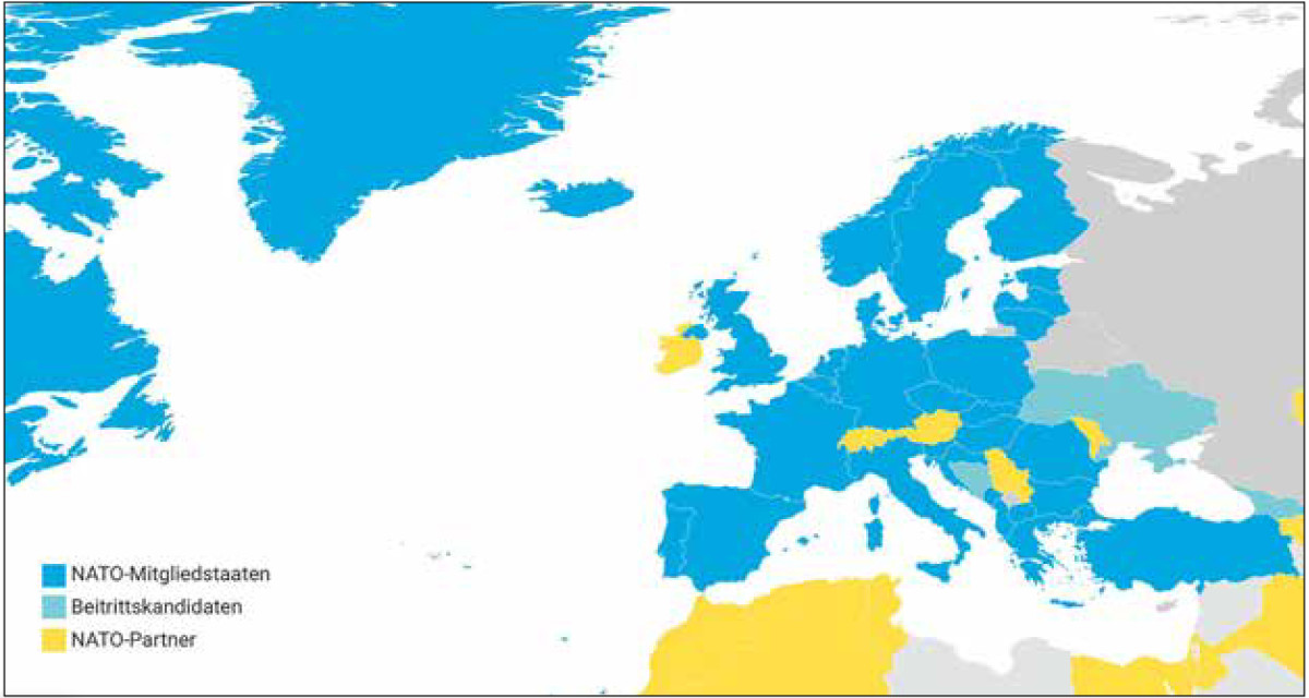 Die NATO und ihre Nachbarstaaten. Derzeit (Stand: Juli 2024) umfasst das Bündnis 32 Mitgliedstaaten | © LpB BW
