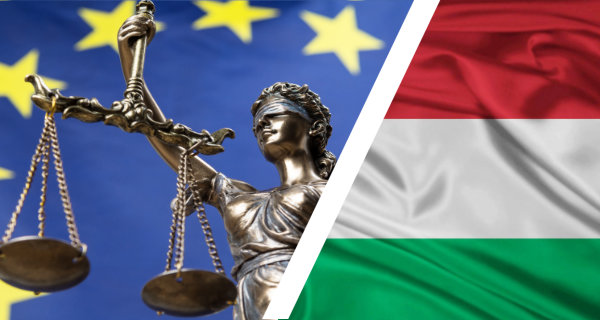 Die Statue von Gerechtigkeit Themis oder Justitia, die Göttin mit verbundenen Augen von Gerechtigkeit, im Hintergrund die europäische Flagge, daneben die ungarische Flagge | Collage LpB BW