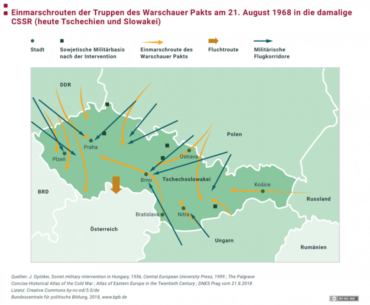 Einmarschrouten der Truppen des Warschauer Pakts am 21. August 1968 in die damalige CSSR. Grafik: © bpb Creative Commons by-nc-nd/3.0/de